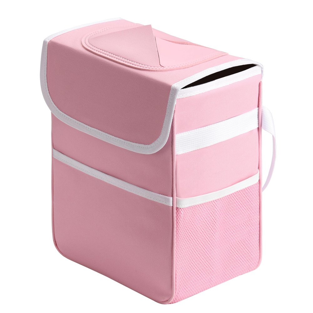 Healsmart 2 Gallon Car Trash Can Lid and Storage Pockets, Leak-Proof Collapsible and Portable Organizer, Multipurpose Garbage Bin with Adjustable Straps, Pink