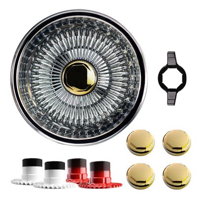 British Wire Wheel 13x7 Reverse 100 Spoke Straight Lace Wire Wheels w/ 8-Sided Hex Gold Knock Off Spinner Caps + Adapters 5x100, 5x4.25, 5x4.5 | Chrome Deep Dish Lowrider Rims | Set of 4 + Hex Wrench
