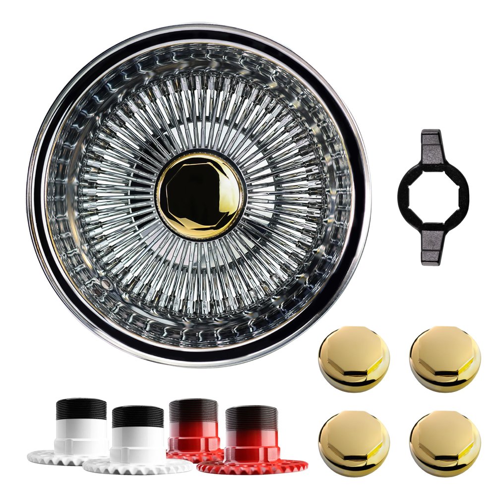 British Wire Wheel 13x7 Reverse 100 Spoke Straight Lace Wire Wheels w/ 8-Sided Hex Gold Knock Off Spinner Caps + Adapters 5x100, 5x4.25, 5x4.5 | Chrome Deep Dish Lowrider Rims | Set of 4 + Hex Wrench