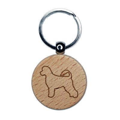 Portuguese Water Dog Outline Engraved Wood Round Keychain Tag Charm