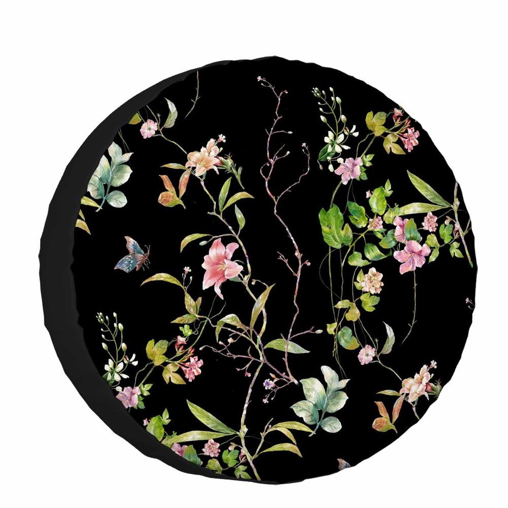 Leaves Flowers Spare Tire Cover Watercolor Black Background Wheel Covers for RV Tires Camper Tire Case Protectors for Trailer Rv SUV Truck Travel Trailer 15 in