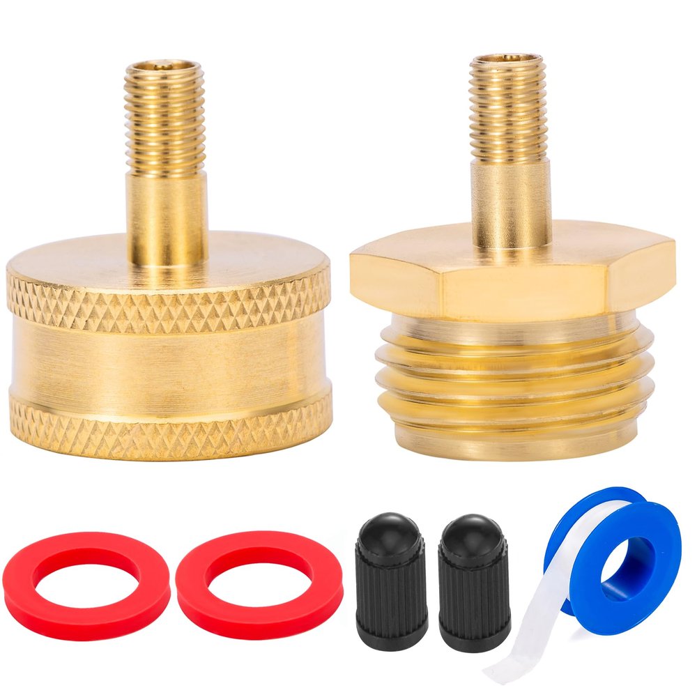 Breezliy RV Brass Blow Out Plug,Tire Inflation Valve to Female/Male Garden Hose Faucet,Winterize Blow Out Adapter,Suitable for campers, motorhomes and travel trailers(Female+Male)