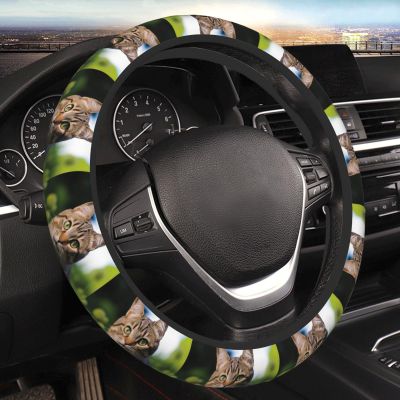 A Tabby cat on The Grass Car Steering Wheel Cover Elastic Stretch Steering Wheel Covers 15 Inch Soft Universal Steering Wheel Protector Breathable Non-Slip Car Accessories for SUVs Vans Trucks