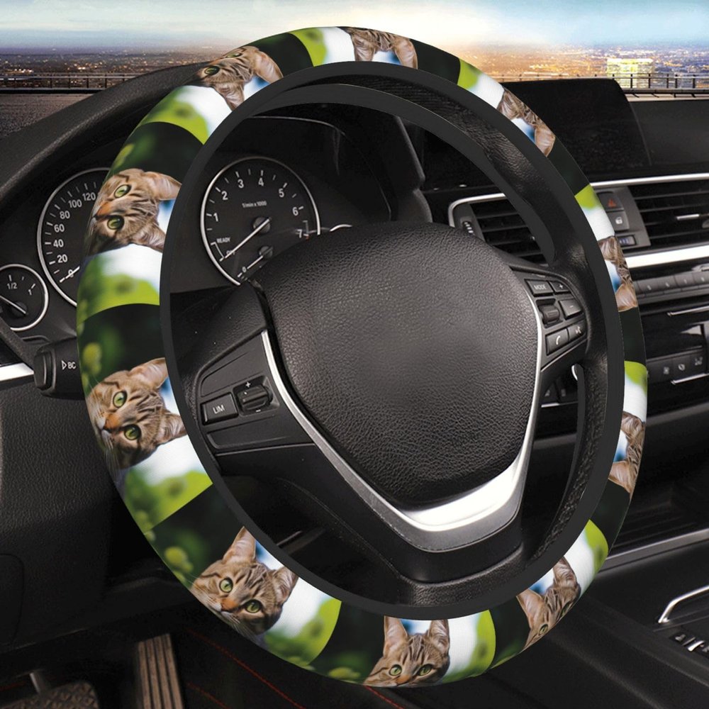 A Tabby cat on The Grass Car Steering Wheel Cover Elastic Stretch Steering Wheel Covers 15 Inch Soft Universal Steering Wheel Protector Breathable Non-Slip Car Accessories for SUVs Vans Trucks