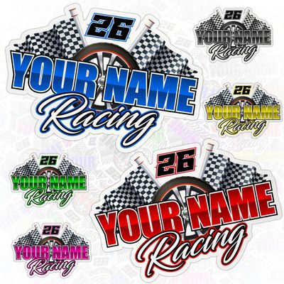 Custom Racing Name Number Sticker Personalized Motorsports Decal with Checkered Flags Waterproof Vinyl for Car Helmet Motorcycle Dirt Bike Gifts for Kid Boy Girl