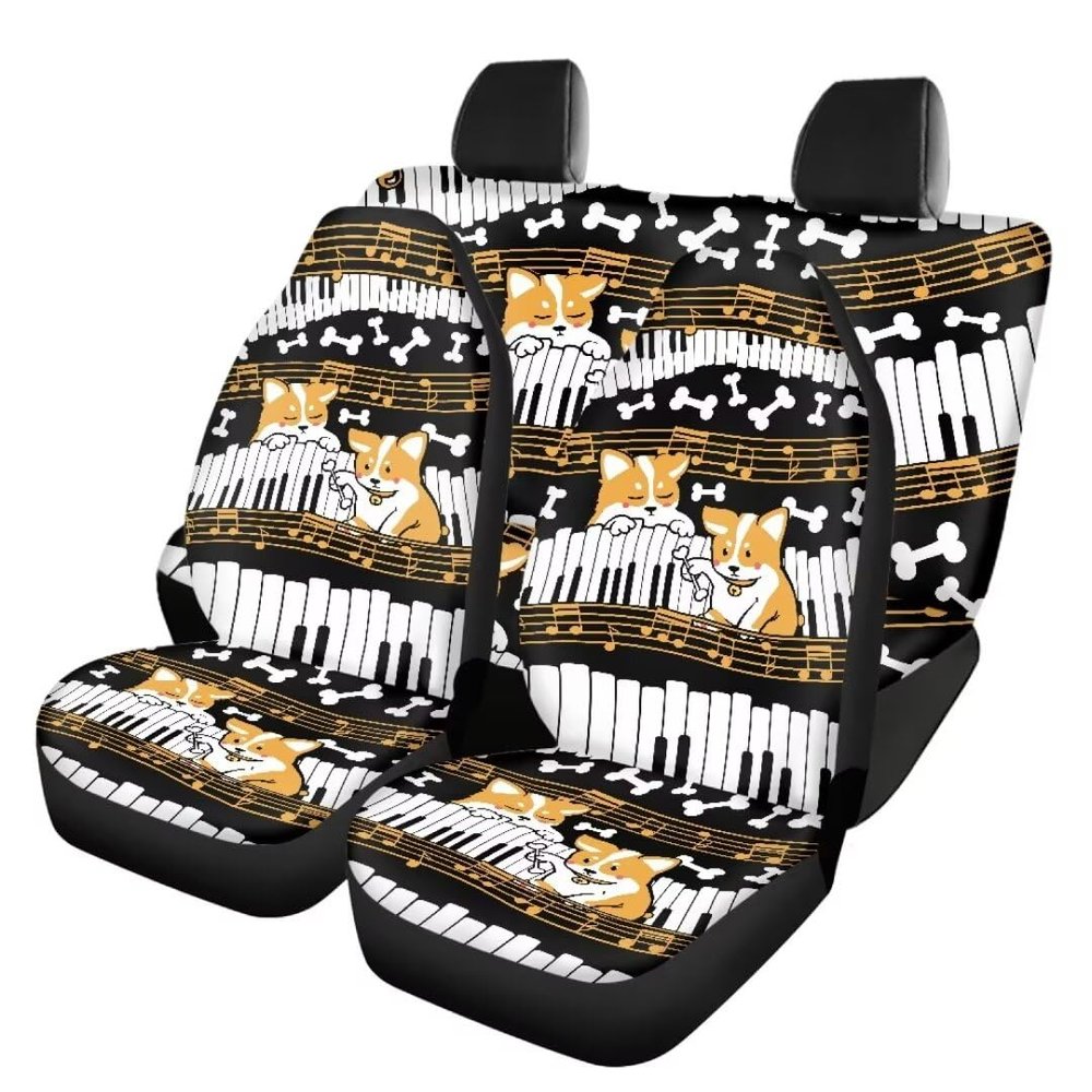Beauty Collector Music Piano Corgi Car Seat Cover Front Seat Cover and Bench Cover(2pc Split Bench Cover), Elastic Polyester Seat Covers Full Set, Universal Fit for Cars SUV