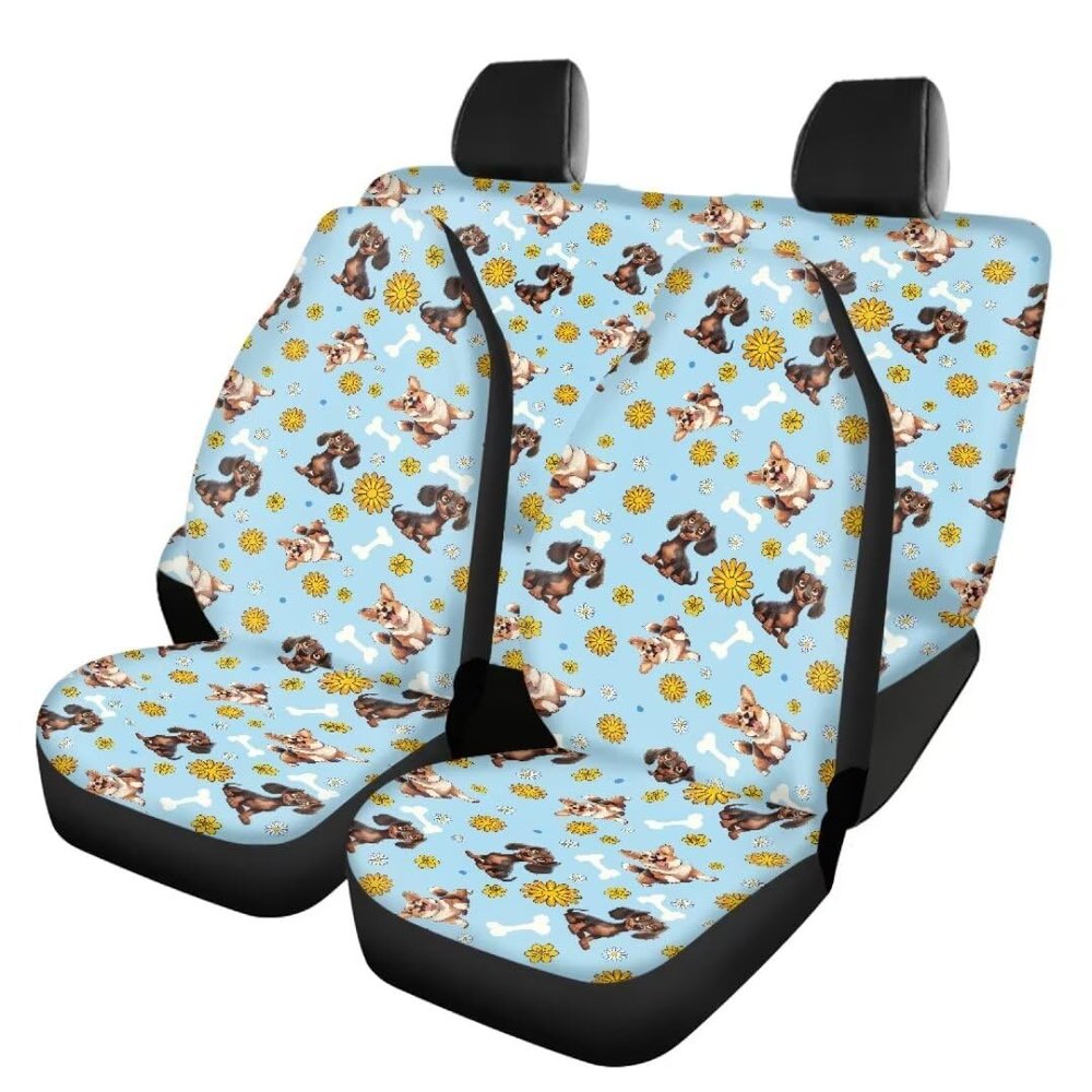 Beauty Collector Blue Flower Dog Corgi Car Seat Cover Front Seat Cover and Bench Cover(2pc Split Bench Cover), Elastic Polyester Seat Covers Full Set, Universal Fit for Cars SUV