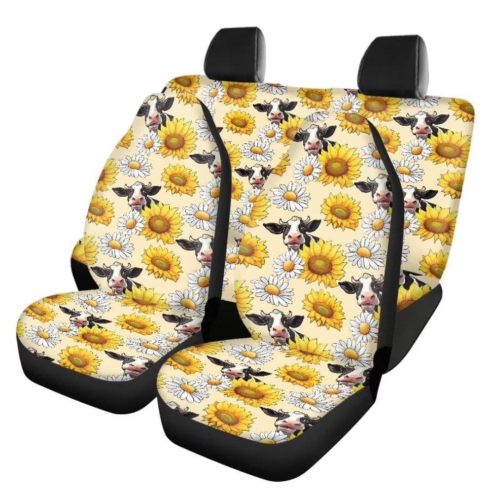 Beauty Collector Sunflower Cow Car Seat Cover Front Seat Cover and Bench Cover(2pc Split Bench Cover), Elastic Polyester Seat Covers Full Set, Universal Fit for Cars SUV