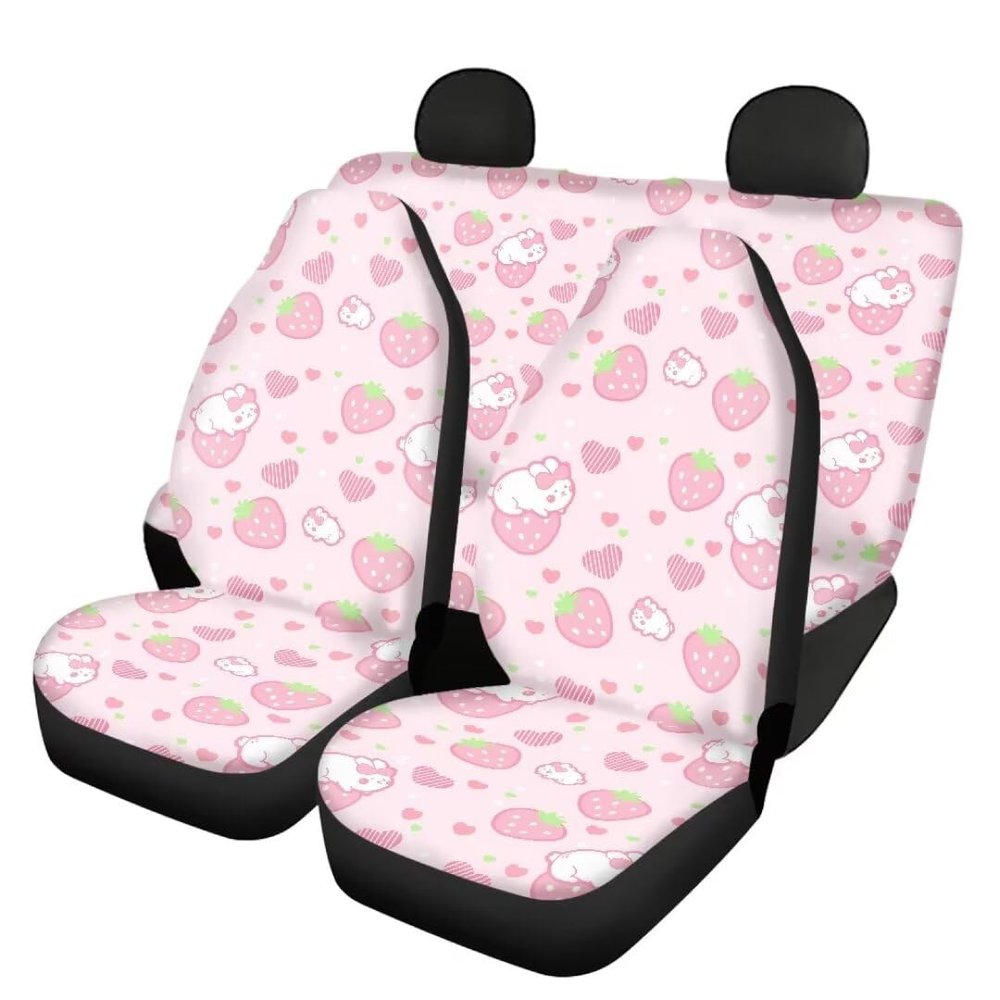 Beauty Collector Pink Bunny Strawberry Front Seat Covers Rear Bench Cover, Seat Protection Cove Car Full Set, Car Front Seat Cushion for Pets Child Car Seat Protector