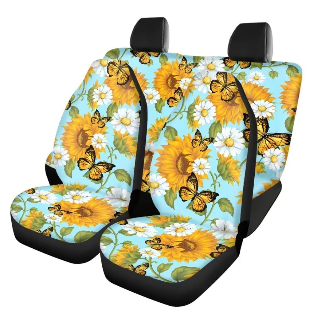 Beauty Collector Sunflower Butterfly Front Seat Covers Rear Bench Cover, Seat Protection Cove Car Full Set, Car Front Seat Cushion for Pets Child Car Seat Protector