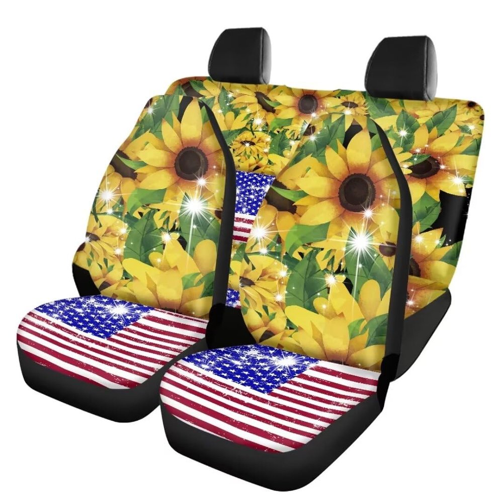 Beauty Collector Sparkly Flag Sunflower Front Seat Covers Rear Bench Cover, Seat Protection Cove Car Full Set, Car Front Seat Cushion for Pets Child Car Seat Protector