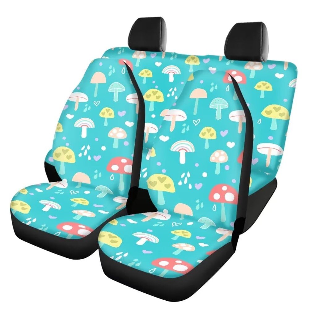 Beauty Collector Blue Mushroom Cute Car Front Seats Covers+2 Pieces Back Seat Protector Split Bench Cover All Weather Bucket Seat Cushion Auto Accessories Car Seat Cover Full Set