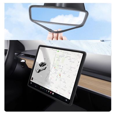 GOOYOGOO 2 Set,Screen Protector Silicone Frame + Rear View Mirror Cover for Tesla Model 3 Model Y, 15" Center Control Touchscreen,Knee Protection/Anti-bump/Durable (Black)