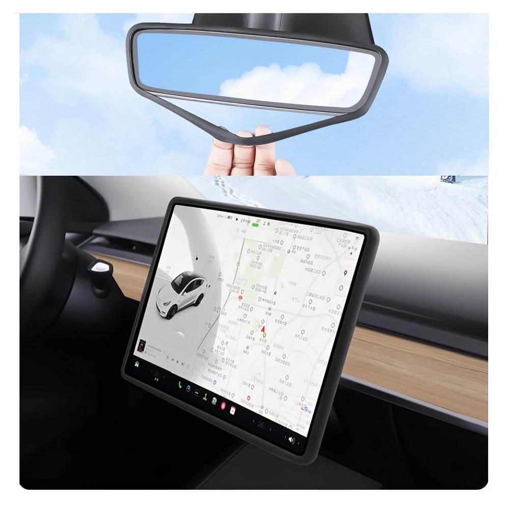 GOOYOGOO 2 Set,Screen Protector Silicone Frame + Rear View Mirror Cover for Tesla Model 3 Model Y, 15" Center Control Touchscreen,Knee Protection/Anti-bump/Durable (Black)
