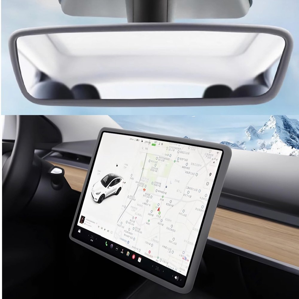 GOOYOGOO 2 Set, Screen Protector Silicone Frame + Rear View Mirror Cover for Tesla Model 3 Model Y, 15" Center Control Touchscreen,Knee Protection/Anti-bump/Durable (Grey)
