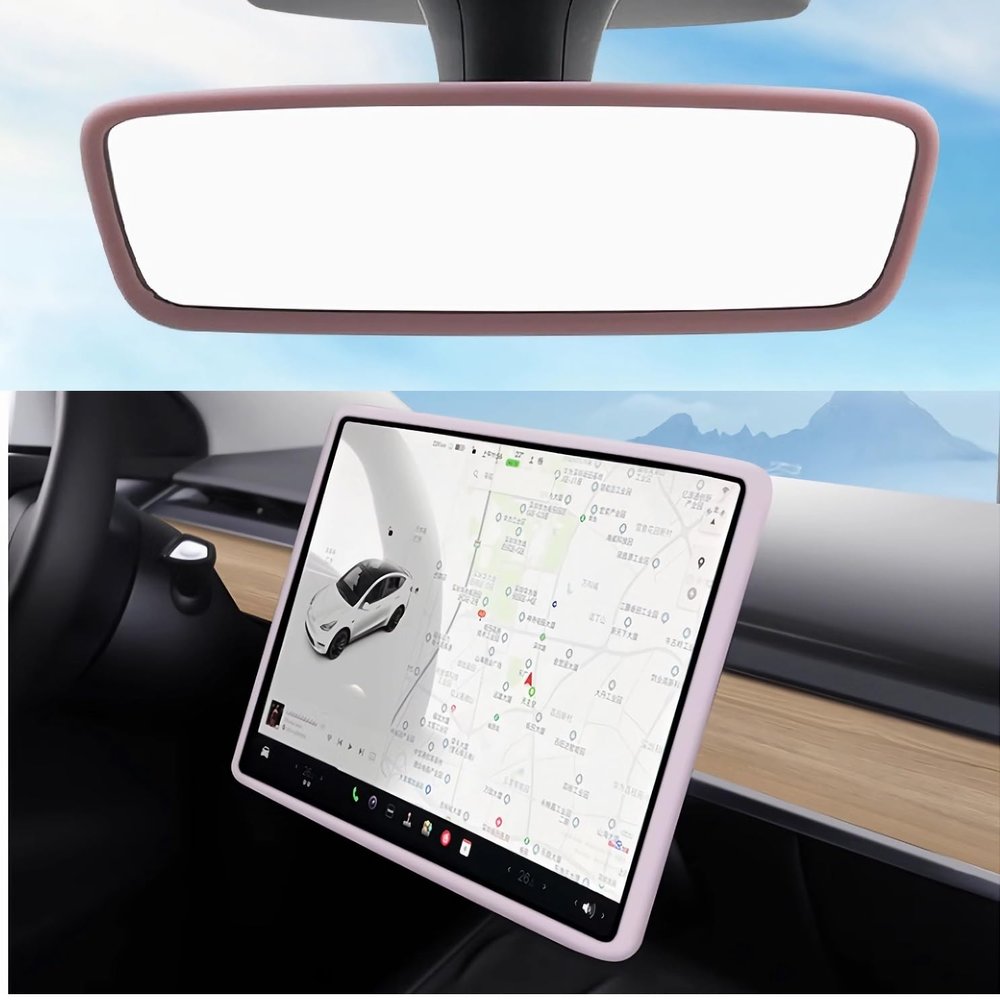 GOOYOGOO Screen Protector Silicone Frame + Rear View Mirror Cover for Tesla Model 3 Model Y, 15" Center Control Touchscreen,Knee Protection/Anti-bump/Durable (PINK)