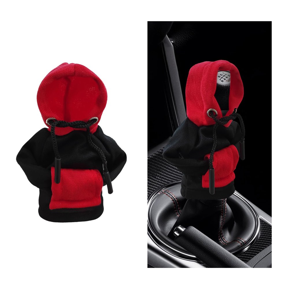 Suvnie Car Gear Shift Cover, Fashionable Hoodie Vehicle Shift Knob, Novelty Mini Automotive Gearshift Decorative Sweater Shirt, Universal Car Accessories for Winter Warm Knob Cover (Black & Red)