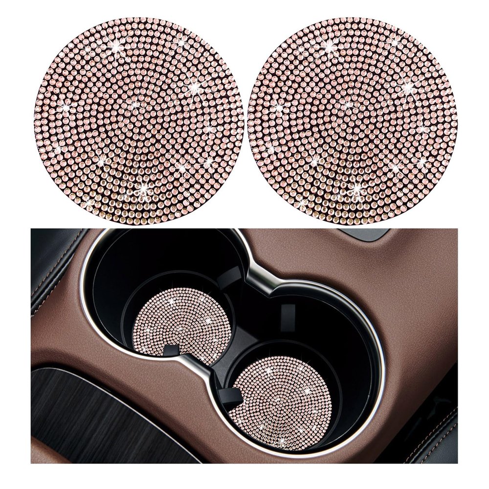 Ziciner 2PCS Bling Car Cup Holder Coaster, 2.73 Inch Anti-Slip Cup Insert Coasters, Crystal Rhinestone Auto Drink Cup Mat, Universal Interior Decor Car Accessories for Women Girls (Golden)