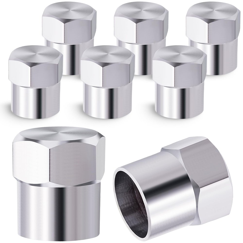 MEAJOO 8PCS Metal Brass Tire Valve Stem Caps, Airtight Seal Heavy Duty Dustproof, Universal Tire Valve Stem Covers for Cars, SUV, Trucks, Bikes, Motorcycles, Bicycles(Silver)