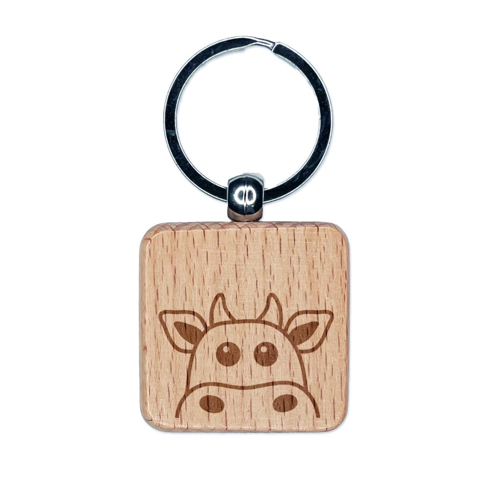 Sniggle Sloth Peeking Cow Engraved Wood Square Keychain Tag Charm
