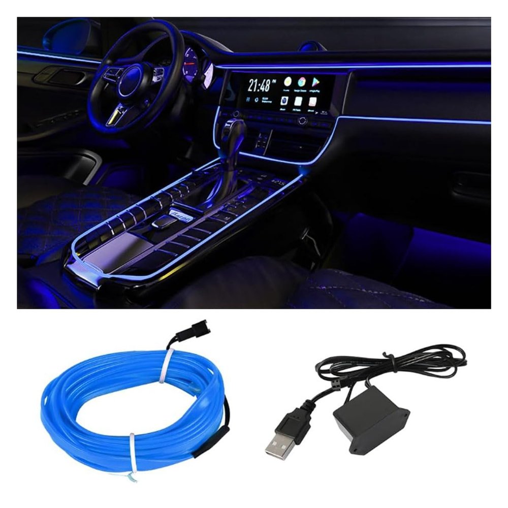 EL Wire Interior Car LED Strip Lights, USB Car Neon Light Strip with Sewing Edge, 16FT Neon Light 5V with Fuse Protection, Electroluminescent Car Indoor Decorations (Blue)