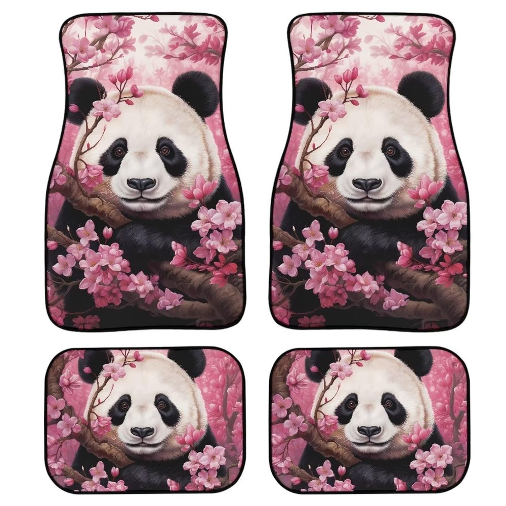 Amzprint Panda Rubber Floor Mats for Women Cherry Blooming 4 Piece Car Mat Set Universal for SUV Truck All Weather Mats Car