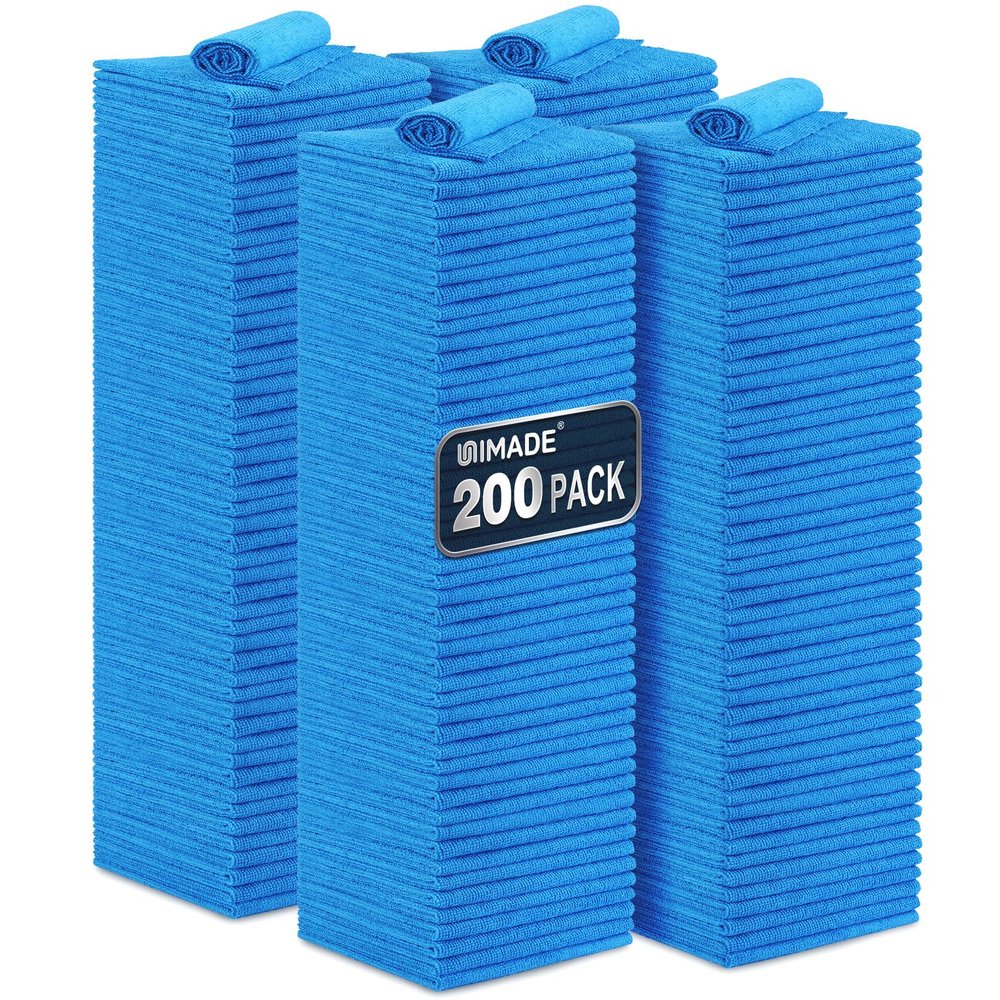 UNIMADE Shop Towel Rag, 200 Pack Reusable Rags Bulk Microfiber Cleaning Cloth Lint Free Towels for Car Kitchen Automotive Bar Mechanic Restaurant Garage, 11.5"x 11.5", Blue