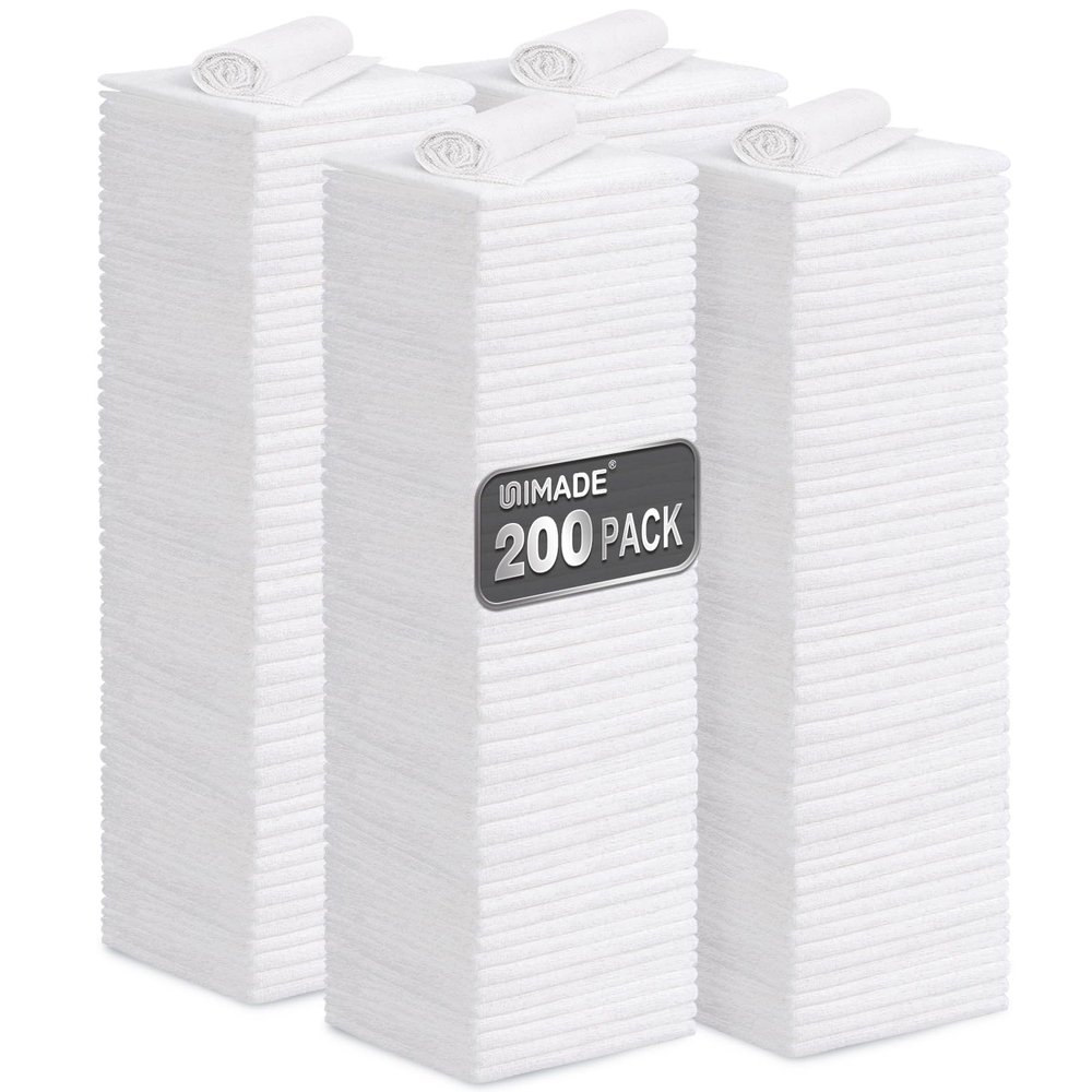 UNIMADE Shop Towel Rag, 200 Pack Reusable Rags Bulk Microfiber Cleaning Cloth Lint Free Towels for Car Kitchen Automotive Bar Mechanic Restaurant Garage, 11.5"x 11.5", White