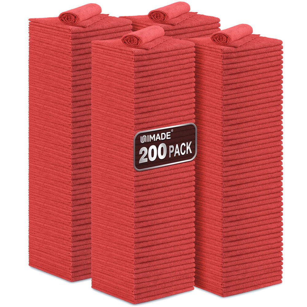 UNIMADE Shop Towel Rag, 200 Pack Reusable Rags Bulk Microfiber Cleaning Cloth Lint Free Towels for Car Kitchen Automotive Bar Mechanic Restaurant Garage, 11.5"x 11.5", Red