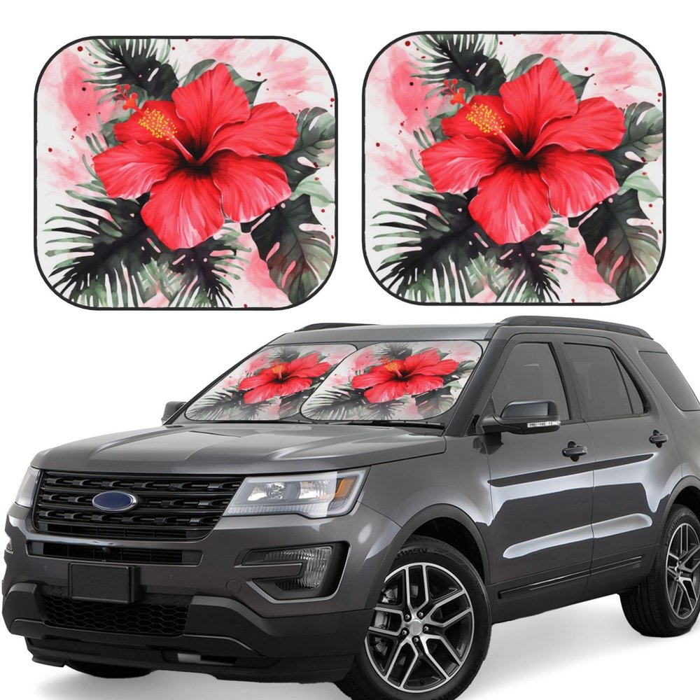 Car Windshield Sun Shade Cover Red Hibiscus Automotive Windshield Sunshades for Front Window 2 Pcs Foldable Sun Blocker for Car Truck SUV