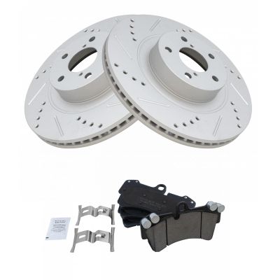 Replacement Brake Pads and Coated Rotors Set - Front - with Drilled Slotted Rotors and Ceramic Posi-Quiet Brake Pads - fits 2003-2010 Porsche Cayenne (V8; 4.5L, V8; 4.8L)
