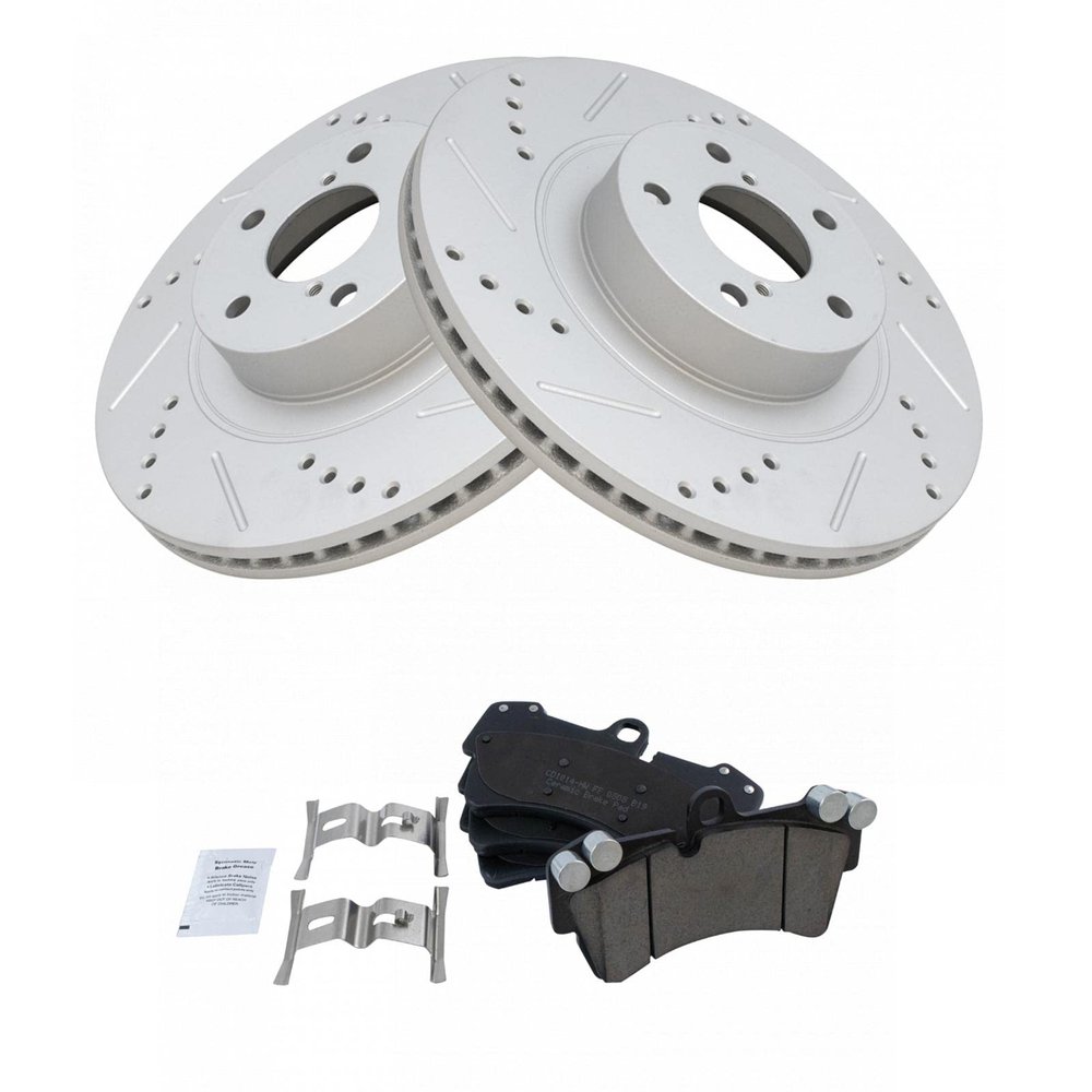 Replacement Brake Pads and Coated Rotors Set - Front - with Drilled Slotted Rotors and Ceramic Posi-Quiet Brake Pads - fits 2003-2010 Porsche Cayenne (V8; 4.5L, V8; 4.8L)
