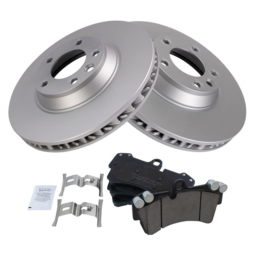 Replacement Brake Pads and Coated Rotors Set - Front - with Ceramic Posi-Quiet Pads - fits 2003-2010 Porsche Cayenne