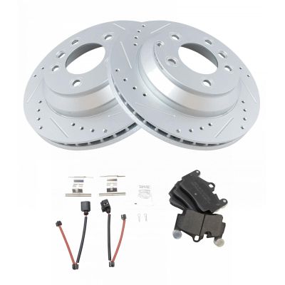 Brake Pads and Coated Rotors Set - Rear - with Drilled Slotted Rotors and Semi-Metallic All-Weather Pads - for 2003-2010 Porsche Cayenne