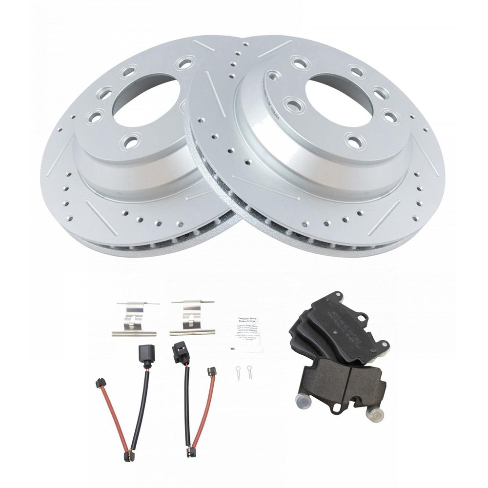 Brake Pads and Coated Rotors Set - Rear - with Drilled Slotted Rotors and Semi-Metallic All-Weather Pads - for 2003-2010 Porsche Cayenne