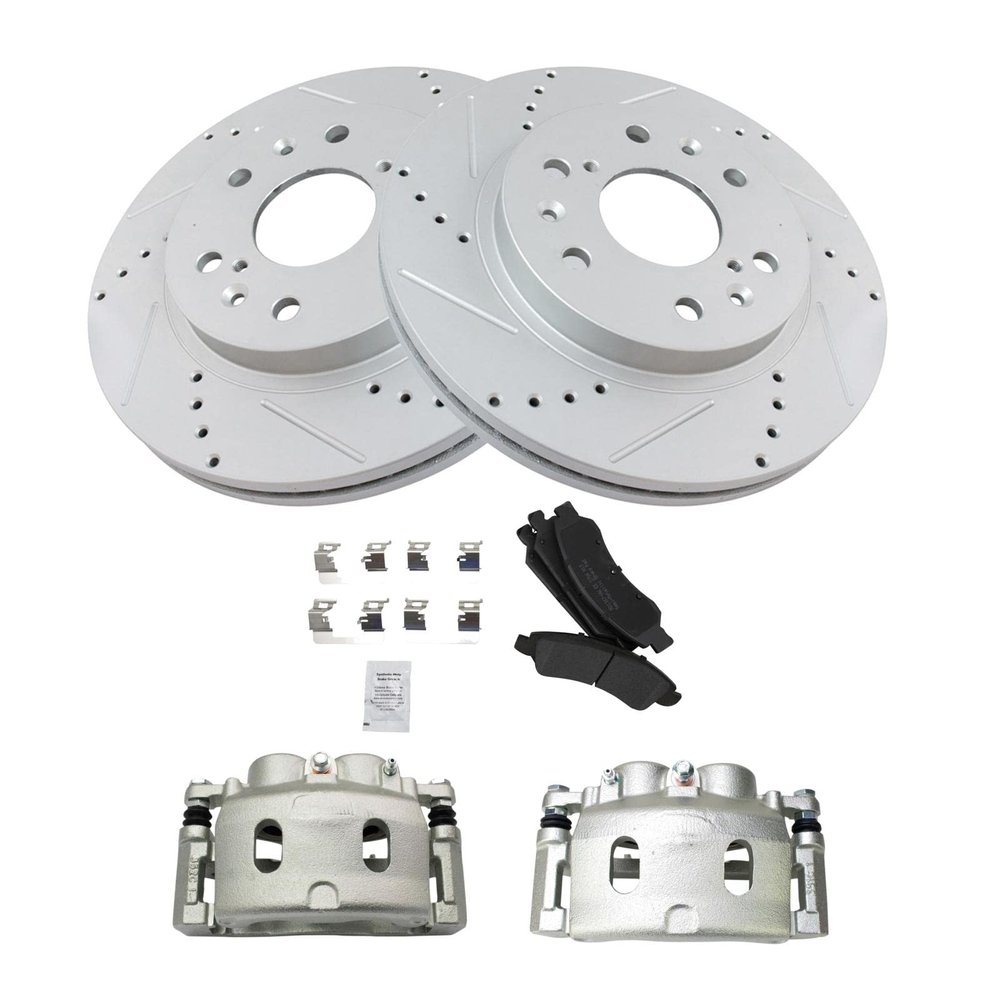 Brake Pads and Coated Rotors Set - Front - with Drilled Slotted Rotors and Semi-Metallic All-Weather Brake Pads - Compatible with 2008-2013 Cadillac Escalade EXT