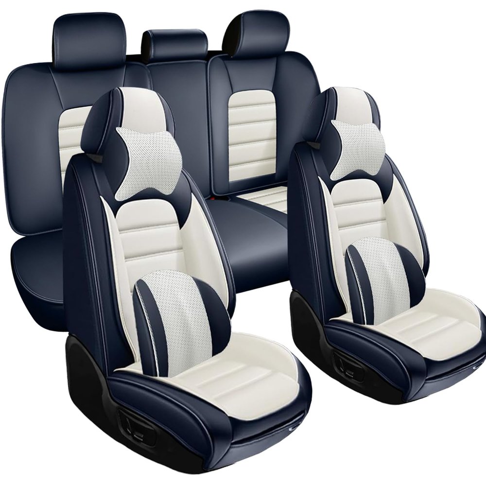 Leather Seat Covers for Jeep Grand Cherokee 2006-2024,Luxury Car Seat Covers Full Set,Waterproof Seat Protectors Auto Seat Covers,Breathable Nonslip Soft Interior Cover Seats for Cars(Blue and White)