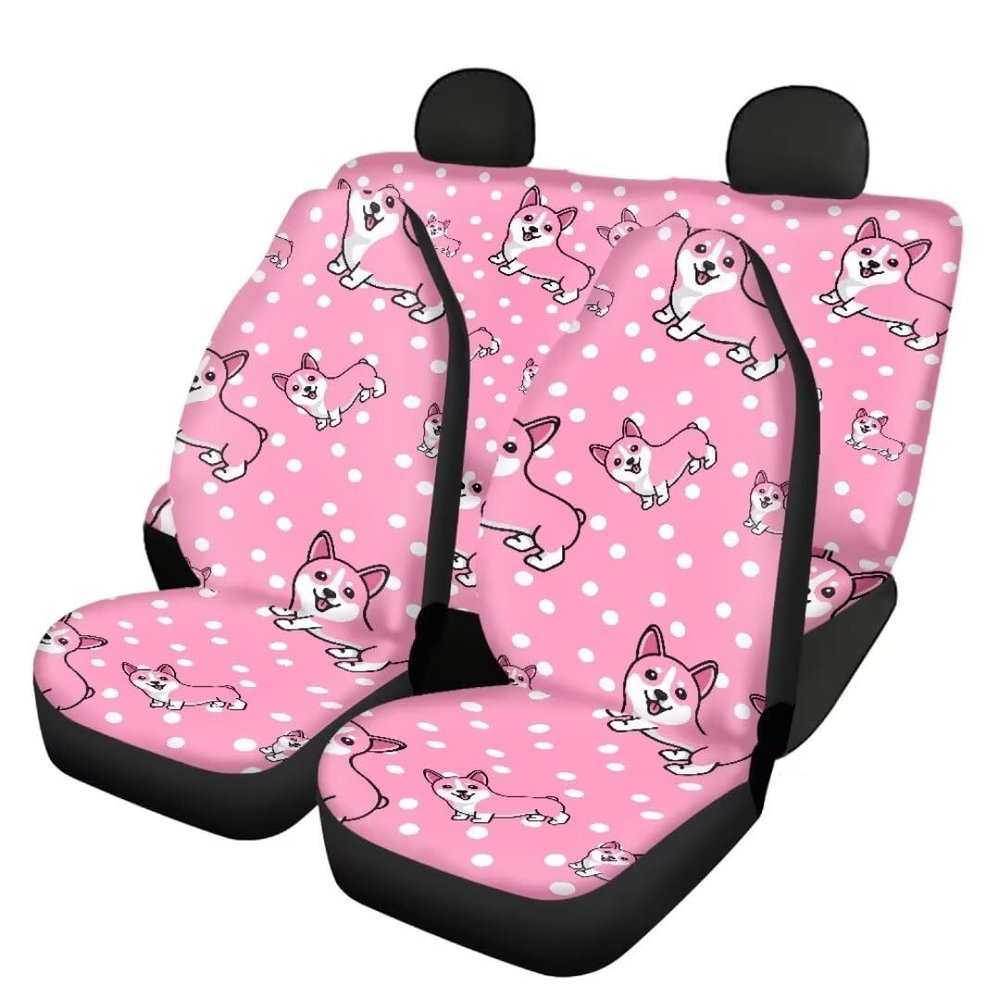 Pinupub Cute Auto Decor Car Seat Covers Cartoon Pink Corgi Print Vehicle Interior Accessories Full Set of 2 Pieces Front Seat Protector with Rear Bench Covers