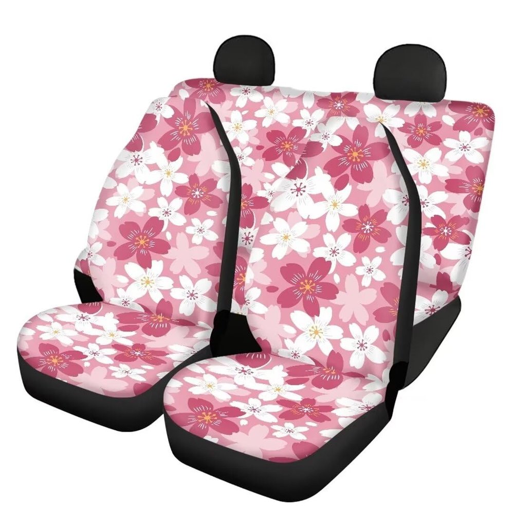 Pinupub Car Front Rear Seat Covers for Women Pink and White Flowers Print Cute Interior Decor Non Slip Universal Auto Seat Protector Full Set Fit SUV Van