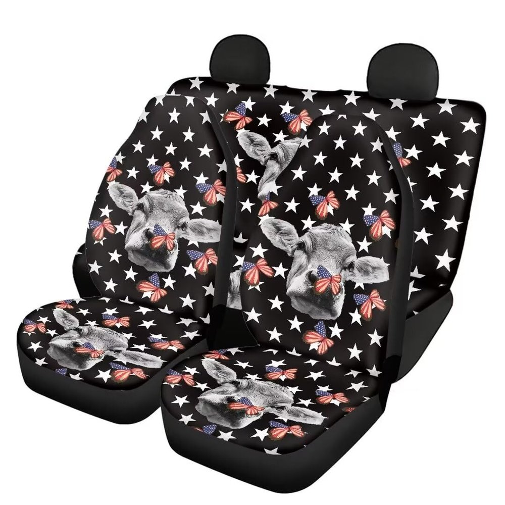 Pinupub Cow American Flag Butterfly Stars Print Car Seat Covers Full Set Universal Anti-Slip Front Ans Rear Car Seat Cushions Fashion Car Interior Accessories for Most Car