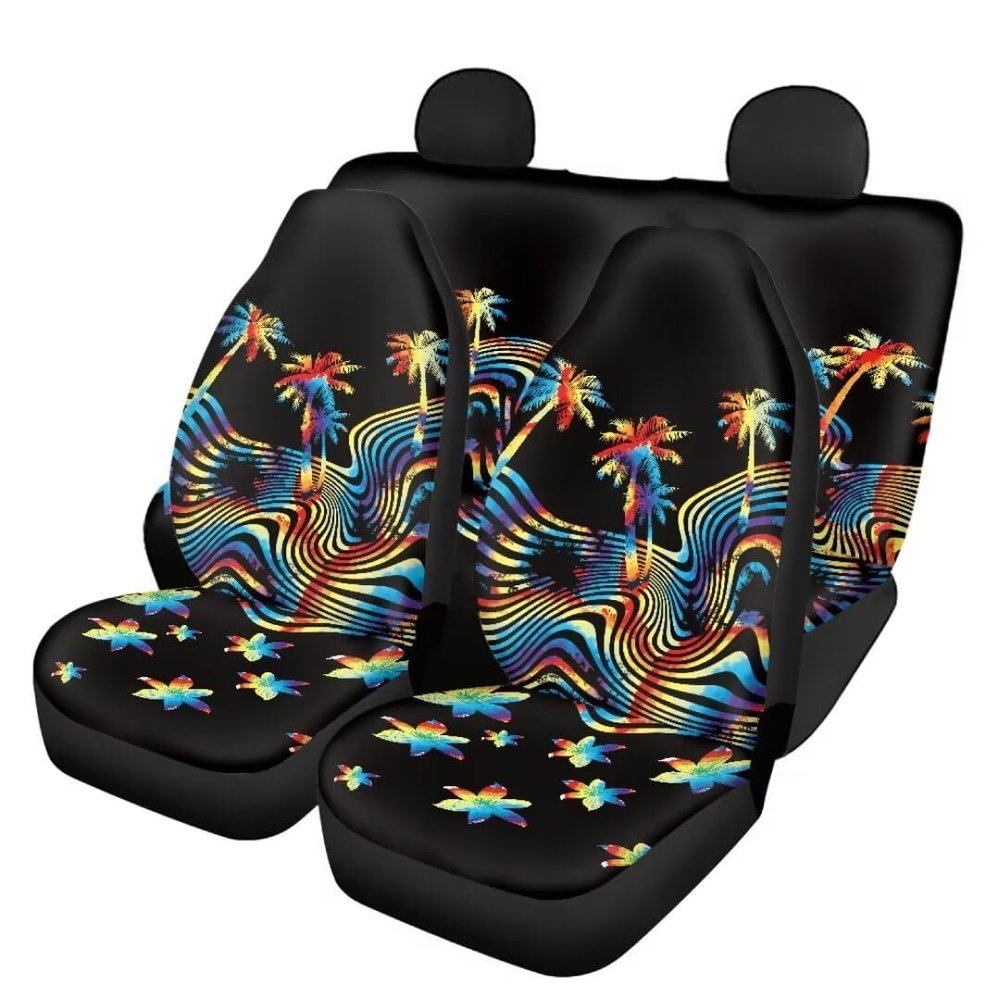Pinupub Boho Style Car Seat Covers Full Set Rainbow Stripes Coconut Palm Print Universal Car Interior Front and Rear Seat Protectors Fit SUV Van Trucks