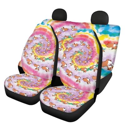 Pinupub Cute Colorful Tie Dye Corgi Print Car Bench Bucket Seat Cover Full Set Universal Front Seat Covers with Rear Seat Protector for Car,SUV,Truck