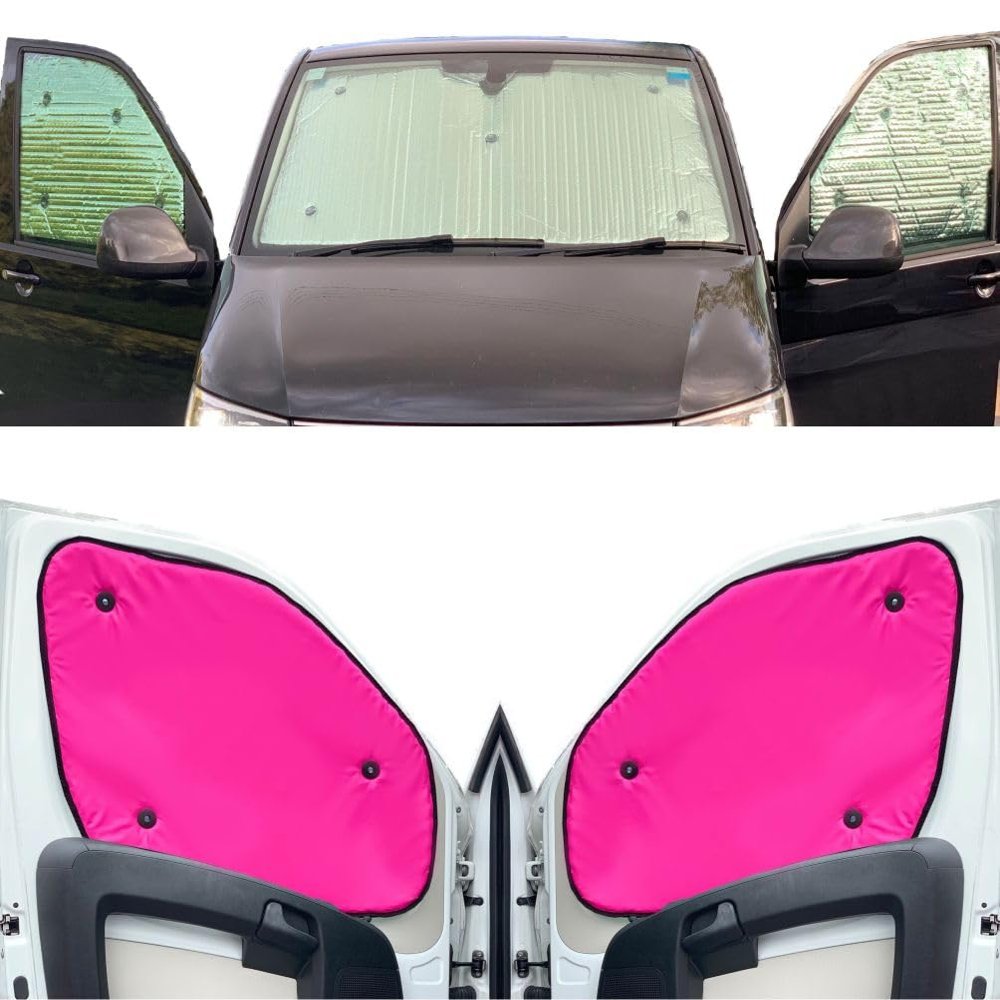 Thermal Blinds Compatible with Peugeot Expert (Years 2007-2016) (Full Set MWB + Barn Doors) with Backing Colour in Pink, Reversible