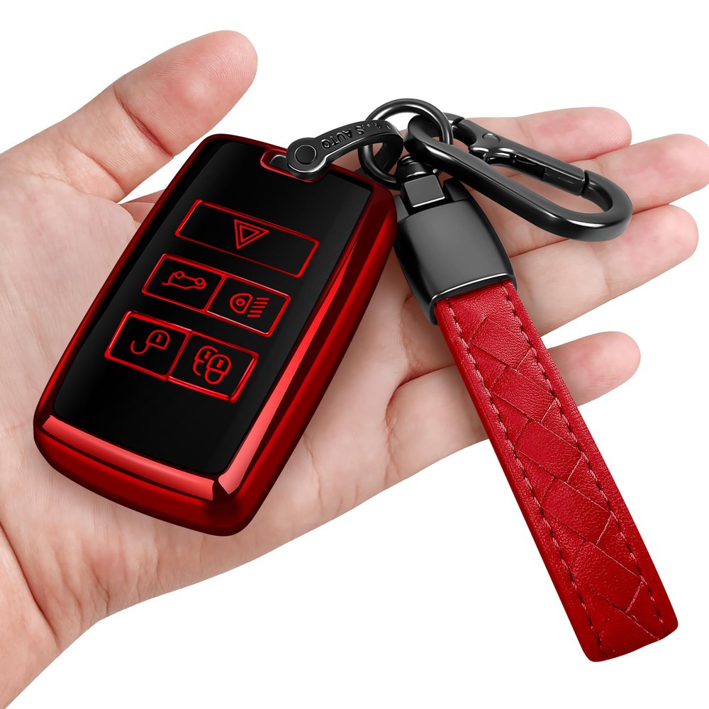 Sindeda Land Rover Key Fob Cover with Keychain Soft Full Protection Key Shell Case Compatible with 2018-2023 Range Rover Evoque Vogue Discovery 5 Sport Jaguar E I-PACE (Red)