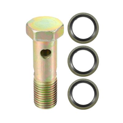 VekAuto Double Banjo Bolt Kit, M14x1.5 Length 55mm Metric Thread Turbo Brake Line Fitting Adapter Universal for Car Durable Metal Bronze Tone W/Washer Spacer