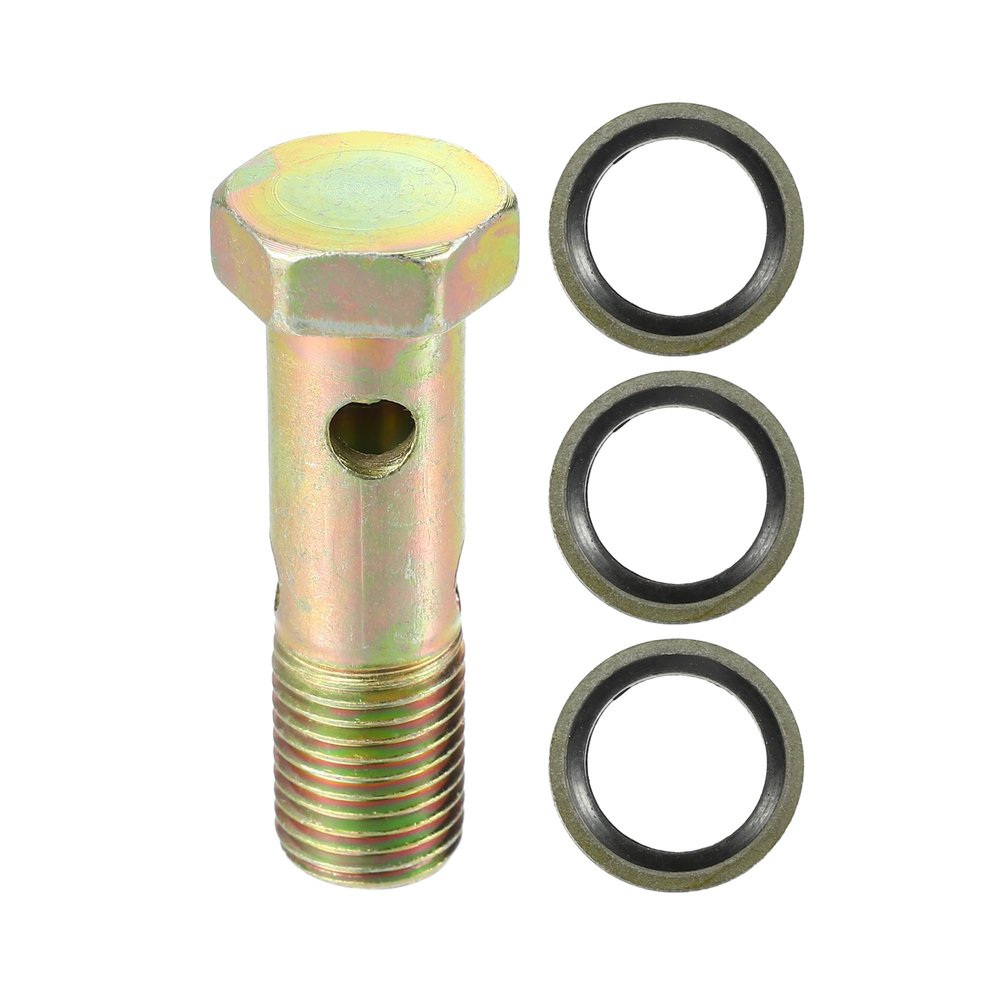 VekAuto Double Banjo Bolt Kit, M14x1.5 Length 55mm Metric Thread Turbo Brake Line Fitting Adapter Universal for Car Durable Metal Bronze Tone W/Washer Spacer