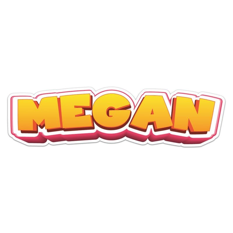 Cartoon Megan Name Sticker - Vinyl Waterproof Decal Quirky Gift Idea for Car, Laptop, Wall, Window, Book Cases, Gift Box, Smartphones, Water Bottle, Bumper Sticker Size - 5'' Longer Side