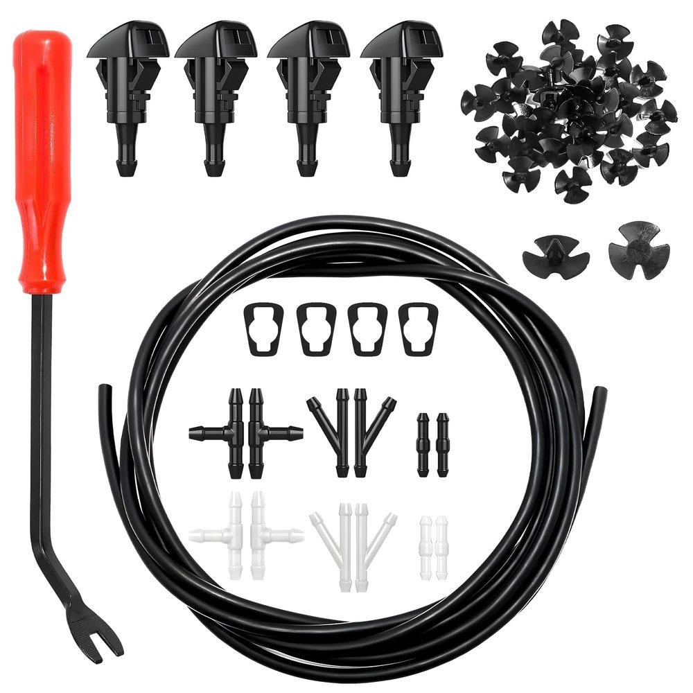 BubabyZZ Windshield Washer Nozzles Kit, Windshield Washer Hose Kit with 4M Washer Fluid Hose, 4pcs Sprayer Nozzles & Gasket, 12pcs Connectors, 30 pcs Hood Retainers and 1 Tool Suitable for Most Car