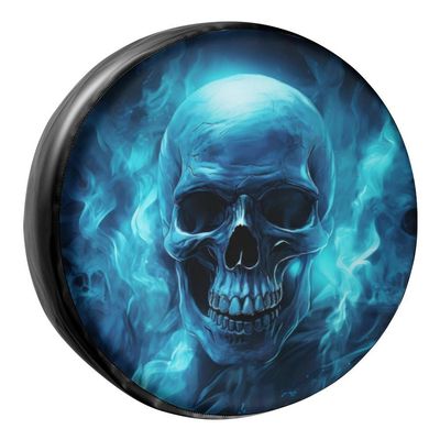 Foruidea Skull Blue Fire Skeleton Spare Tire Cover PU Leather Wheel Tire Cover Fit Trailer, RV, SUV and Many Vehicle 14inch