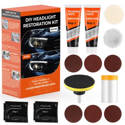 ISINFLASH Headlight Restoration Kit, Polish Restore Cleaner Clean Tool DIY Polishing, Sanding Discs, Scouring Pads for Electric Drill, 3 Easy Steps to Restore Sun Damaged Car Headlights Lens